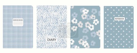 Set von Deckblatt-Vorlagen basierend auf rasterlosen Mustern, Spirallinien, Blumenmustern. Karierte Hintergründe für Schulhefte, Tagebücher. Köpfe isoliert und austauschbar