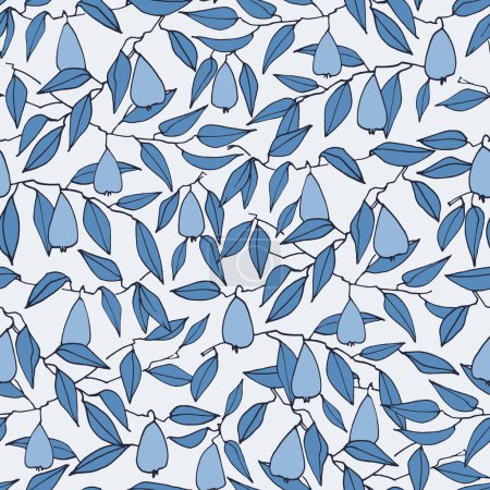 Illustration for Seamless pattern in Toile de Jouy style with pears and leaves in blue colors on light-colored backgroud for surface design, textile, fabric, home decor, surface design, posters, illustrations - Royalty Free Image