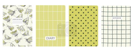 Illustration for Set of cover page templates based on patterns with butterflies, moths, plaid, abstract circles for notebooks, notepads, diaries, planner. Headers isolated - Royalty Free Image
