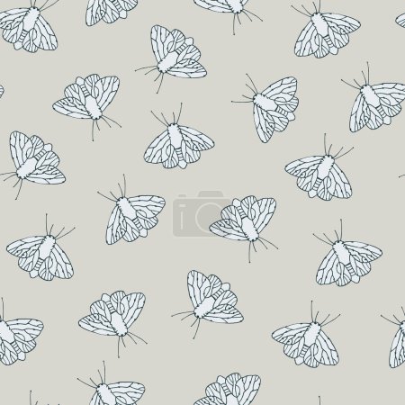 Illustration for Seamless pattern with fantasy moths, butterflies in pencil drawing sketch. Happy summer illustration. Wallpaper, textile, backgound for kids - Royalty Free Image