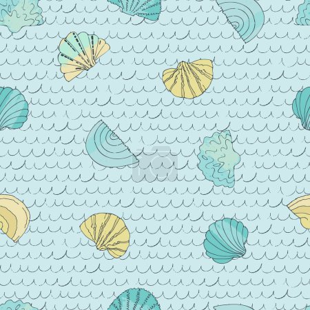 Illustration for Seamless pattern with hand drawn shells, sands and waves on for surface design and other design projects. Summer and beach concept - Royalty Free Image