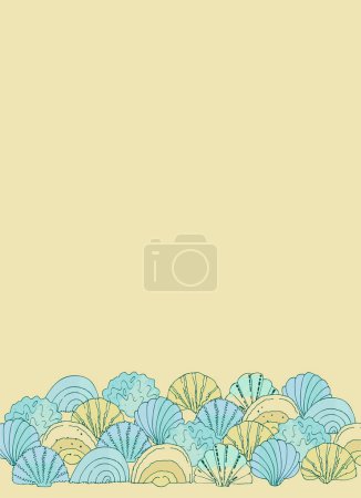 Illustration for Seashell background for summer photos, social media for holiday design with place for your text. Greeting card template. Isolated on white background - Royalty Free Image