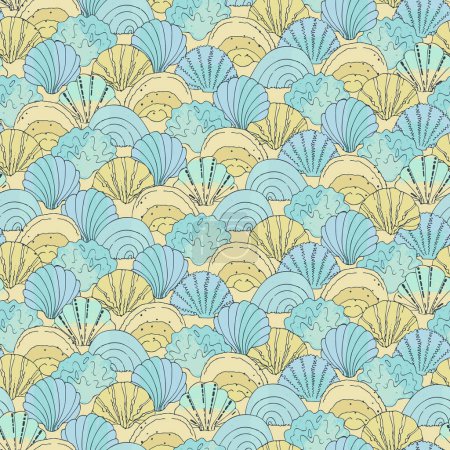 Seamless pattern with hand drawn shells, sands and waves on for surface design and other design projects. Summer and beach concept