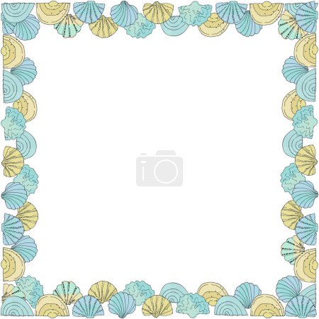 Illustration for Seashell frame for summer photos, social media for holiday design with place for your text. Greeting card template. Isolated on white background - Royalty Free Image