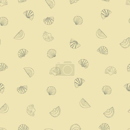 Illustration for Seamless pattern with hand drawn shells, sands and waves on for surface design and other design projects. Summer and beach concept - Royalty Free Image