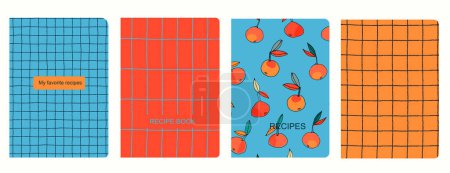 Titelblatt-Vektorvorlagen für Rezeptbücher basieren auf nahtlosen Mustern mit handgezeichneten Äpfeln, Birnen, Pflaumen. Kochbücher decken das Layout ab. Gesundes Obst, veganes Ernährungskonzept