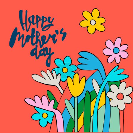 Diseño de la tarjeta de felicitación Happy Mothers Day. Elegante ramo floral y frase de saludo con letras a mano. Aislado sobre fondo oscuro
