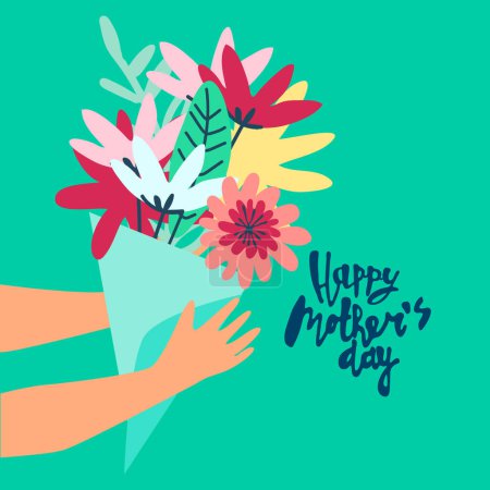 Illustration for Happy Mothers Day greeting card design. Elegant floral bouquet and hand-lettered greeting phrase. Isolated on dark background - Royalty Free Image
