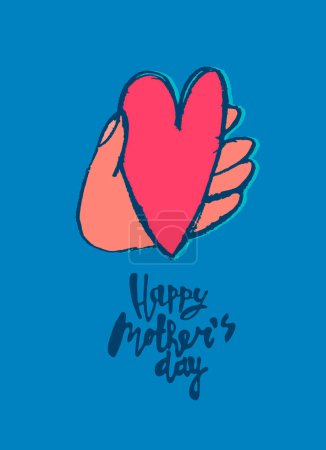 Diseño de la tarjeta de felicitación Happy Mothers Day. frase de saludo con letras de corazón y mano. Aislado sobre fondo oscuro