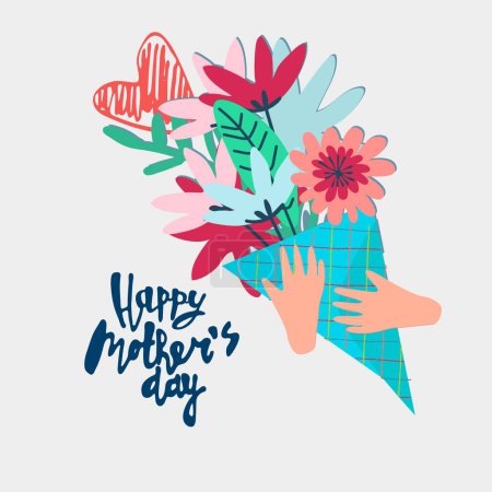 Diseño de la tarjeta de felicitación Happy Mothers Day. Elegante ramo floral y frase de saludo con letras a mano. Aislado sobre fondo oscuro
