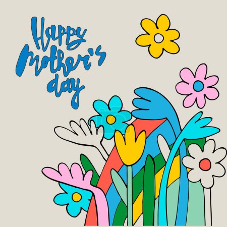 Illustration for Happy Mothers Day greeting card design. Elegant floral bouquet and hand-lettered greeting phrase. Isolated on dark background - Royalty Free Image