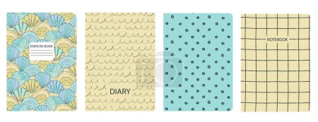 Set of cover page templates with hand drawn shells, sands and waves. Based on seamless patterns. Backgrounds for notebooks, notepads, diaries. Headers isolated and replaceable