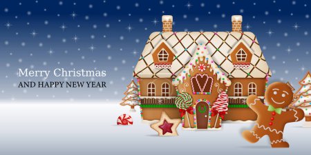 Weihnachten Hintergrund mit Lebkuchenmann und Lebkuchenhaus. Weihnachtskarte mit Lebkuchen