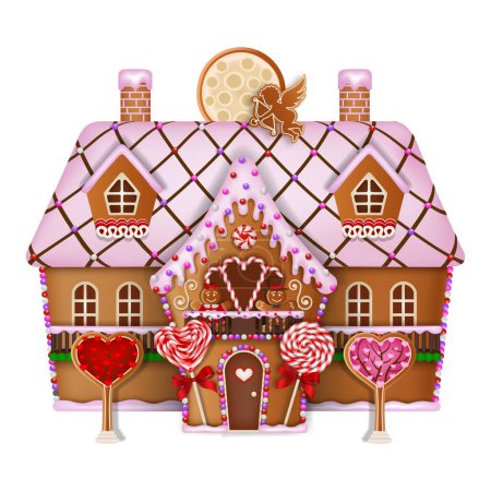 Ilustración de Casa de San Valentín con galletas de jengibre y dulces - Imagen libre de derechos