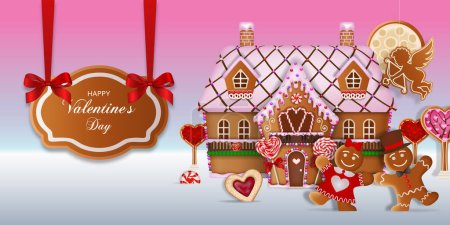 Ilustración de Fondo de San Valentín con galletas de jengibre y dulces. Paisaje de pan de jengibre con una casa y una pareja amorosa. - Imagen libre de derechos