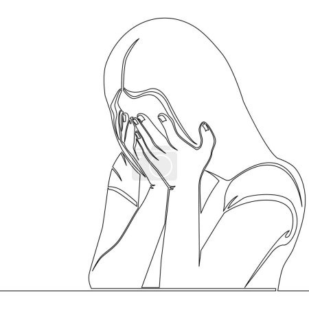 Photo for Continuous one single line drawing woman in despair Sad girl hiding her face with hands Stressed young lady lonely expression icon vector illustration concept - Royalty Free Image