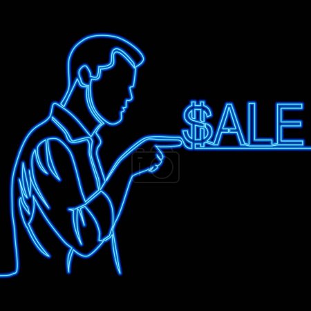 Photo for Continuous one single line drawing man pointing finger at inscription sale profitable shopping icon neon glow vector illustration concept - Royalty Free Image