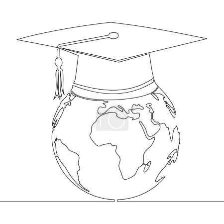 Photo for Continuous one single line drawing graduation cap on planet Earth E-learning distance graduate certificate program Internet education course degree icon vector illustration concept - Royalty Free Image