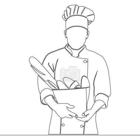 Illustration for Continuous one single line drawing baker with french baguette Daily freshly baked bread icon vector illustration concept - Royalty Free Image