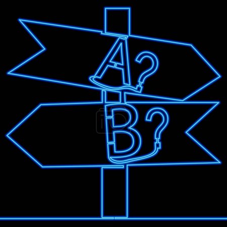 Life choice plan A or B Signpost pointing in two directions. Future planning icon neon glow vector illustration concept