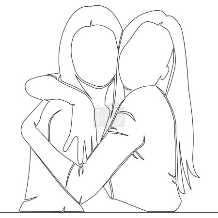 Continuous one single line drawing two girls hugging each other icon vector illustration concept