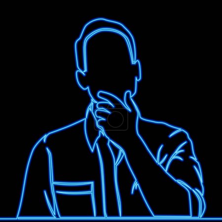 Photo for Man stands tensely thinking with one hand to his face brainstorming, intelligent person ponders, make a decision icon neon glow vector illustration concept - Royalty Free Image