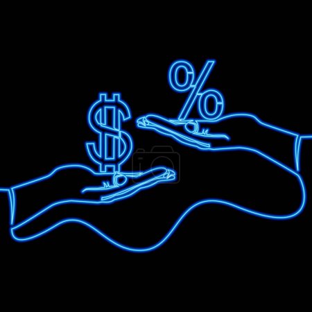 Photo for Businessman hand offer percentage sign with other giving dollar money icon neon glow vector illustration concept - Royalty Free Image