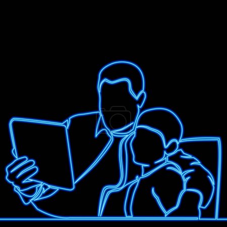 Photo for Father and son are using a tablet icon neon glow vector illustration concept - Royalty Free Image