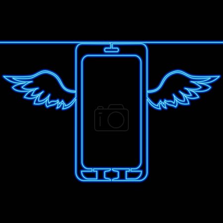 Smart mobile phone flying with wings icon neon glow vector illustration concept