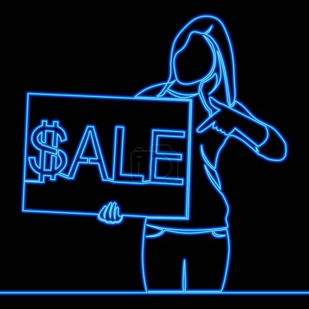 Photo for Woman with sale banner in her hands. Sale, online shopping icon neon glow vector illustration concept - Royalty Free Image
