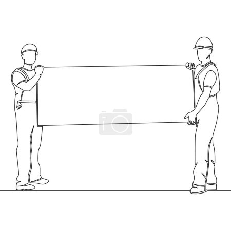 Photo for Continuous line one single drawing Two workers are standing and holding big long billboard icon vector illustration concept - Royalty Free Image