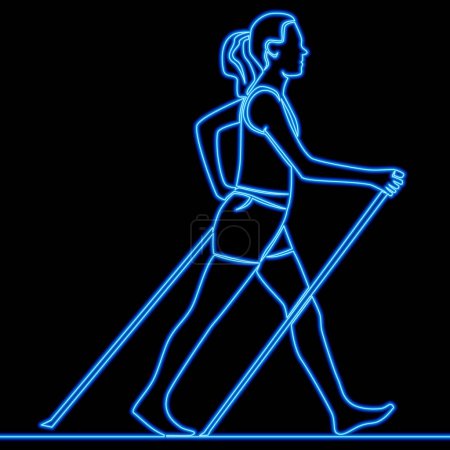 Photo for A young woman walks on foot with walking sticks. Nordic walking icon neon glow vector illustration concept - Royalty Free Image