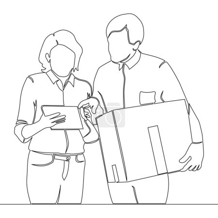 Continuous one single line drawing Storehouse workers keeping records of boxes icon vector illustration concept
