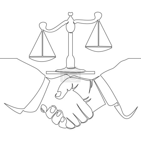 Continuous one single line drawing Client shakes hands with lawyer Legal services scales Advocate consultation Jurisprudence icon vector illustration concept
