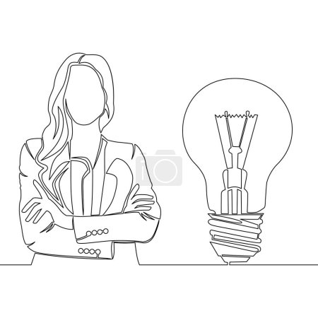 Photo for Continuous one single line drawing Young smart female and light bulb idea symbol icon vector illustration concept - Royalty Free Image