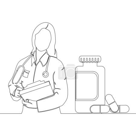 Photo for Continuous one single line drawing Woman doctor and jar of pills Pharmacy shop icon vector illustration concept - Royalty Free Image