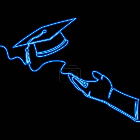 College student throw cap to the air to celebrate school graduation. Undergraduate education icon neon glow vector illustration concept