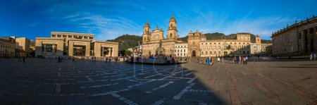 Panoramic view of the Plaza de Bolivar in the center of the city. You can see the Primate Cathedral of Colombia, the Palace of Justice, the Congress Building and the Cardenalicio Palace