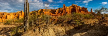 Panoramic view of Desert Tatacoa - Desierto de la Tatacoa, Huila Colombia. Amazing dry landcscape strewn with cacti during sunset, dramatic cloudy skies. Dry tropical forest. 