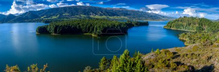 Neusa Reservoir, panoramic view on the lake and mountains in natural park for camping in Cundinamarca, Colombia.