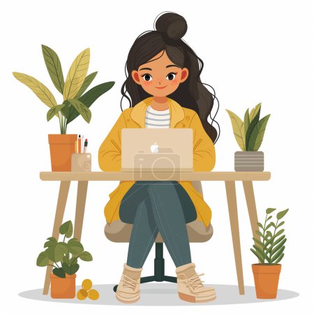A young woman works on her laptop, surrounded by plants, in a cozy setting. She wears a yellow jacket, jeans, and beige boots, creating a relaxed, modern workspace vibe.