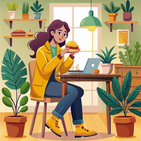 A woman in a yellow coat eats a tasty burger at her desk, working on her laptop, surrounded by plants and cozy decor, capturing work and pleasure in harmony.