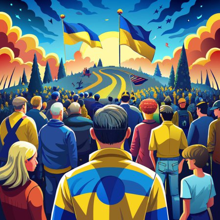 Eine lebendige Illustration, die den Geist der Freiheit in der Ukraine feiert und eine vielfältige Menge unter großen ukrainischen Flaggen zeigt, vereint und hoffnungsvoll vor einem dramatischen Hintergrund des Sonnenuntergangs. Perfekt für Themen wie Nationalstolz und Einheit.