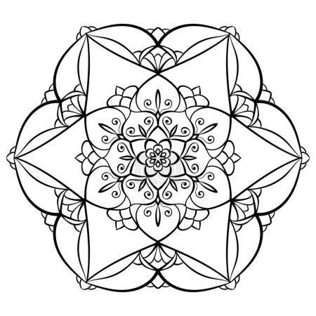Blume Mandala Malvorlage. Einfache symmetrische florale Form für achtsame Farbgebung. Schwarze Umrisse auf weißem Hintergrund