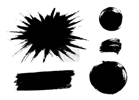 Brush strokes vector collection. Painted burst, round and rectangle shapes. Isolated painted elements. Dry brush texture on white background