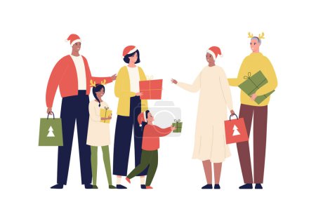 Illustration for Christmas and new year celebration concept. Vector flat design character illustration. Diverse family with male and female parents, grandparent and children give gifts isolated on white background - Royalty Free Image
