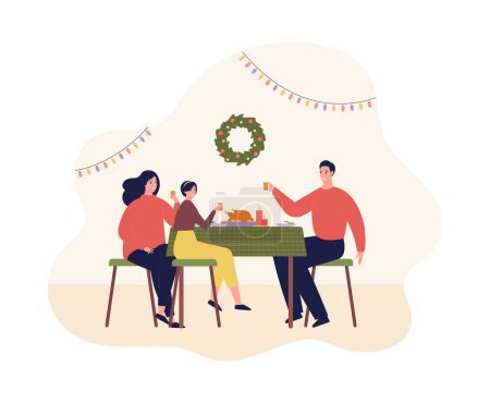 Illustration for Christmas and new year celebration concept. Vector flat design character illustration. Father, mother with daughter have holiday dinner. Decorated fir tree garland on indoor background - Royalty Free Image