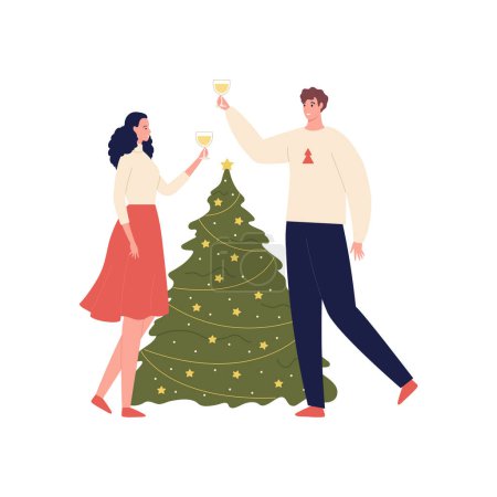 Illustration for Christmas and new year celebration concept. Vector flat design character illustration. Woman and man couple make toast and drink wine isolated on white background with decorated fir tree - Royalty Free Image