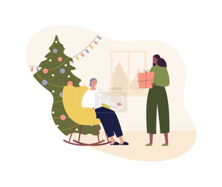 Illustration for Christmas and new year celebration concept. Vector flat design character illustration. African female give gift box to elder woman sitting in rocking chair. Decorated fir tree on indoor background - Royalty Free Image