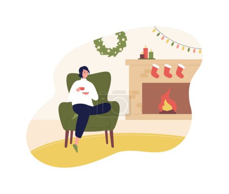 Ilustración de Navidad y año nuevo concepto de celebración de vacaciones. Ilustración de caracteres de diseño plano vectorial. La mujer sentada en la silla bebe té caliente. Guirnalda de abeto decorado, chimenea y calcetines en el fondo interior - Imagen libre de derechos